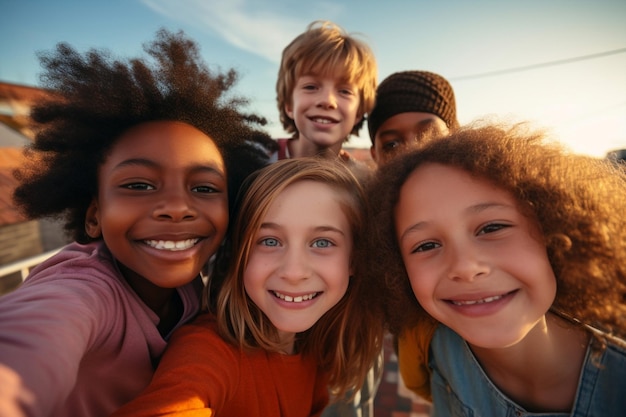 Mädchen lächeln Freundschaft Freunde zusammen Kindheit Porträt im Freien Sommer Kaukasisch afrikanischer Spaß Kinder Person glücklich Park spielen Zusammenhalt