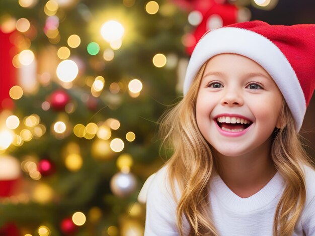 Mädchen lächelt glücklich vor dem verschwommenen WeihnachtshintergrundGenerative KI