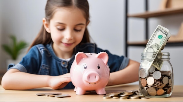 Mädchen legt ein Münzstück in das Sparschweinchen am Tisch Geld sparen Konzept