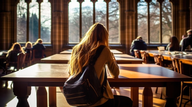 Mädchen lernt mit dem Rücken zugewandt in der Bibliothek