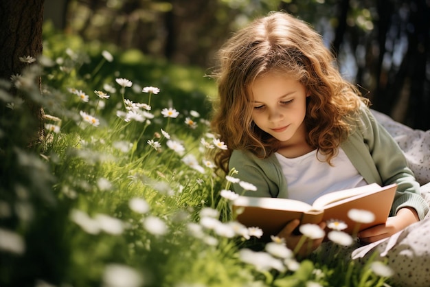 Foto mädchen liest im frühling ein buch auf dem feld