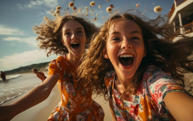 Mädchen machen ein Selfie am Strand. Generative KI