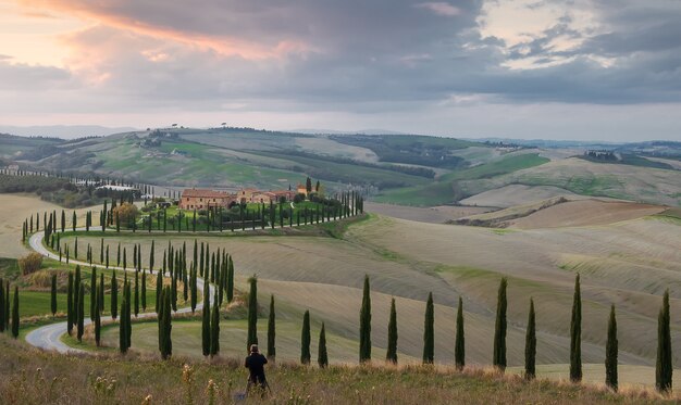 Mädchen macht ein Foto von Ackerland und Straße mit Zypresse bei Sonnenuntergang in Val Dorcia Italien