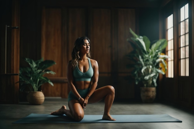 Mädchen macht Yoga in einem dunklen Raum mit Licht, das durch das Fenster fällt