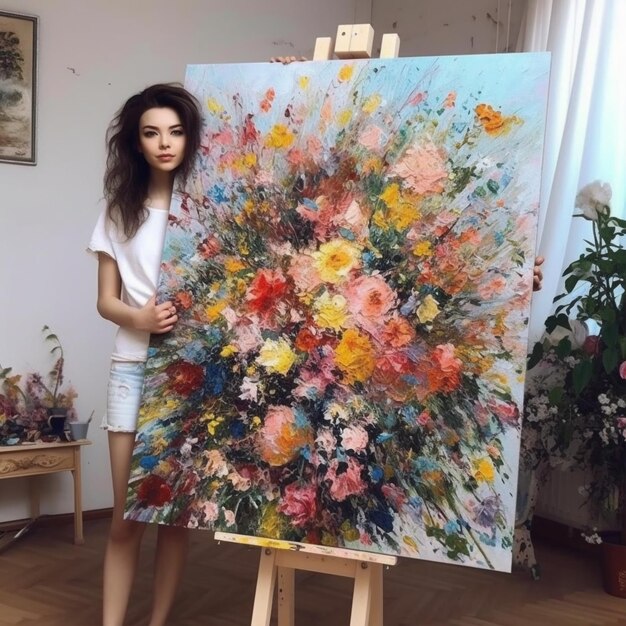 Mädchen malt Blumen und Porträts in Ölgemälden