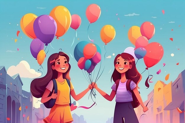 Mädchen mit Ballons Festival glückliche Mädchen Illustration Freundschaftstag