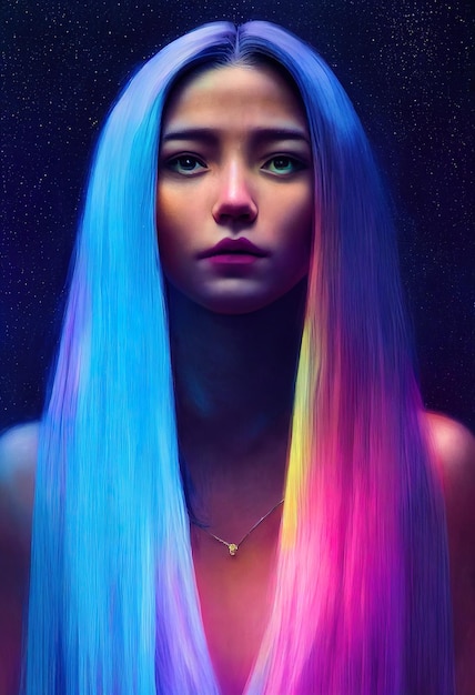 Mädchen mit blauen langen Haaren auf Weltraumhintergrund mit digitaler Illustration der Sterne