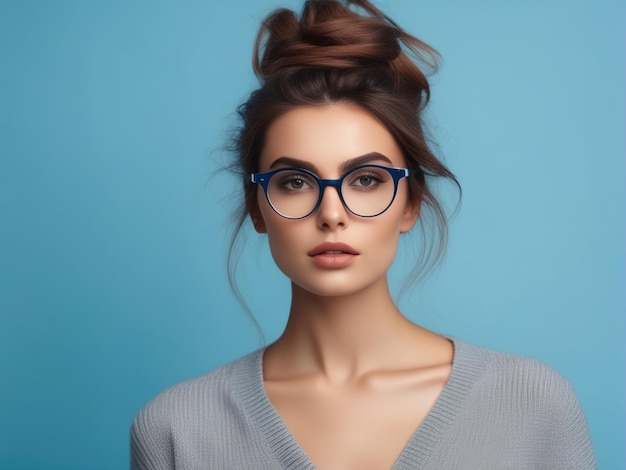 Foto mädchen mit brille, das auf blauem hintergrund in die kamera schaut