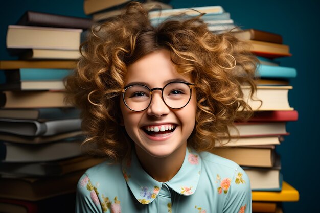 Mädchen mit Brille und Hemd lächelt vor einem Haufen Bücher