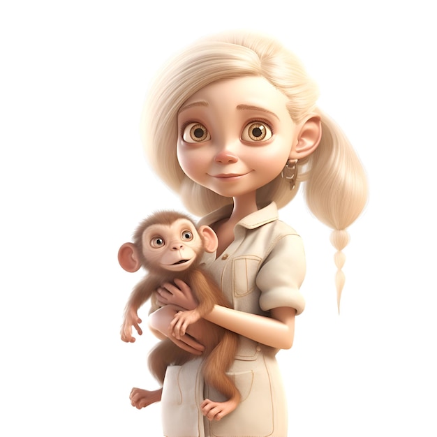 Mädchen mit einem Affen auf weißem Hintergrund, 3D-Darstellung