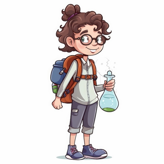 Mädchen mit einem Rucksack und einem Wissenschaftsbecher im Cartoon-Stil, weißer Hintergrund, KI generiert