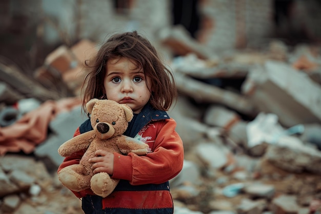 Foto mädchen mit einem spielzeugbären vor dem hintergrund einer zerstörten stadt kinder des krieges: hört auf mit dem krieg, hört auf mit der gewalt