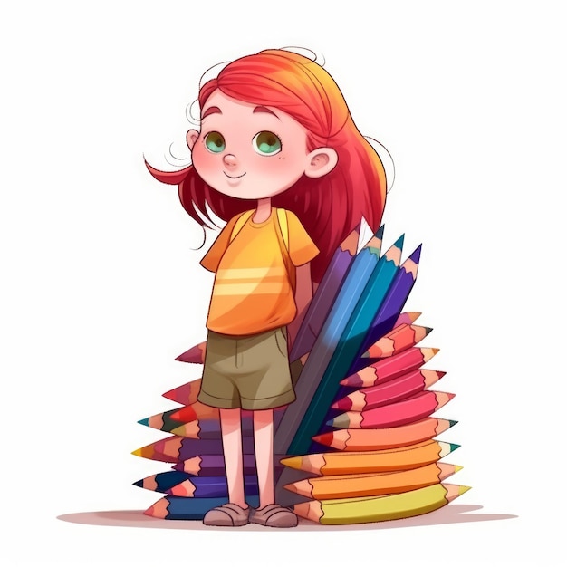 Mädchen mit einem Stapel bunter Bleistifte im Cartoon-Stil, weißer Hintergrund, KI generiert