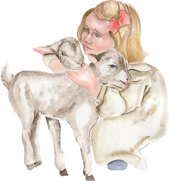 Foto mädchen mit einem tier aquarell-illustration für karten