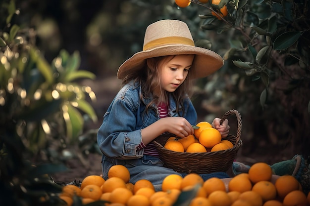 Mädchen mit einer Orangenernte im Korb im Garten im Sommer Generative KI-Illustration