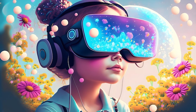 Mädchen mit einer Virtual-Reality-Brille erkundet das Metaversum Generative Ai