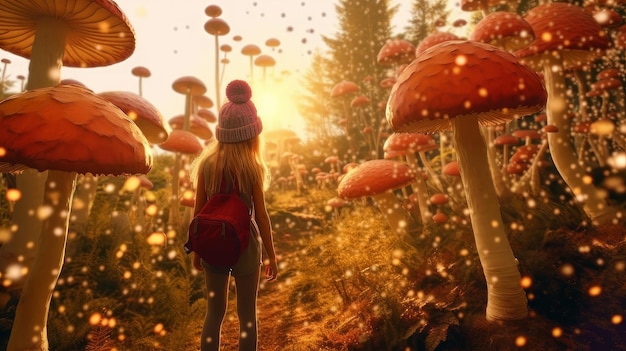 Mädchen mit Fliegenpilz geht im Wald spazieren