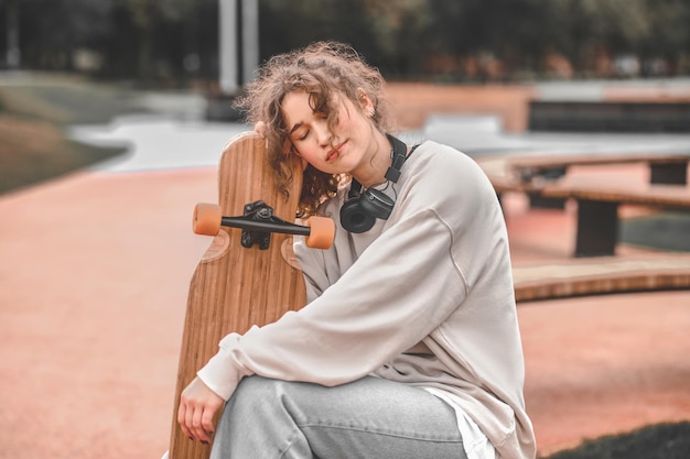 Mädchen mit geschlossenen Augen mit Skateboard im Park sitzend