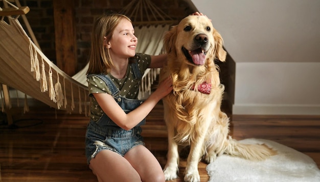 Mädchen mit goldenem Retriever-Hund sitzt zusammen zu Hause auf dem Boden mit Hängematte, ziemlich preteen