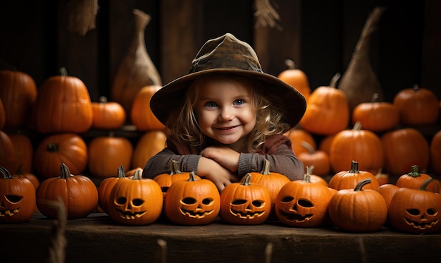 Mädchen mit Hut auf dem Hintergrund von Halloween-Dekorationen Selektiver Weichzeichner