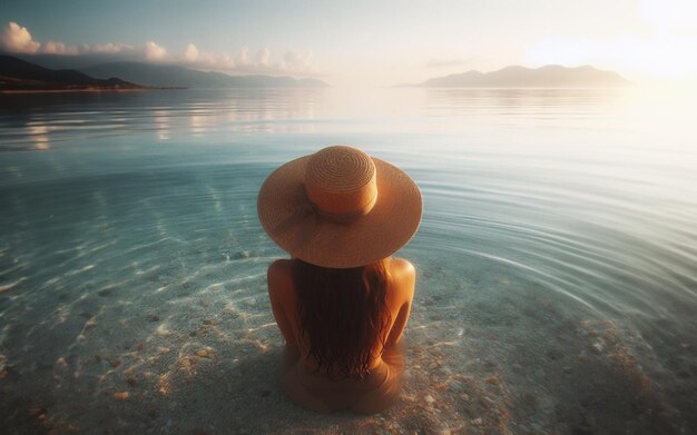 Mädchen mit Hut geht ins Meer, Meer und Berge als Hintergrund für Sommerreisen.