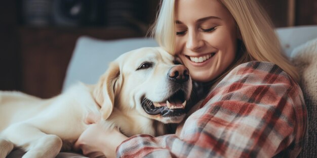 Foto mädchen mit ihrem hund auf dem sofa generative ki