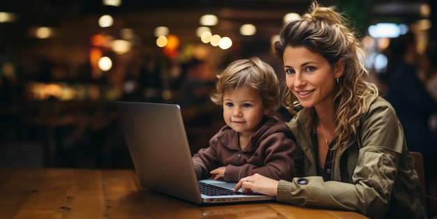 Mädchen mit Kind und Laptop in einem Café Generative KI