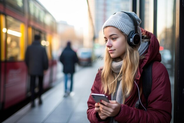 Mädchen mit Kopfhörern und schaut auf das Handy geschützt in der Straße KI generative