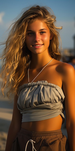 Mädchen mit langen lockigen Haaren trägt ein weißes Kleid am Strand