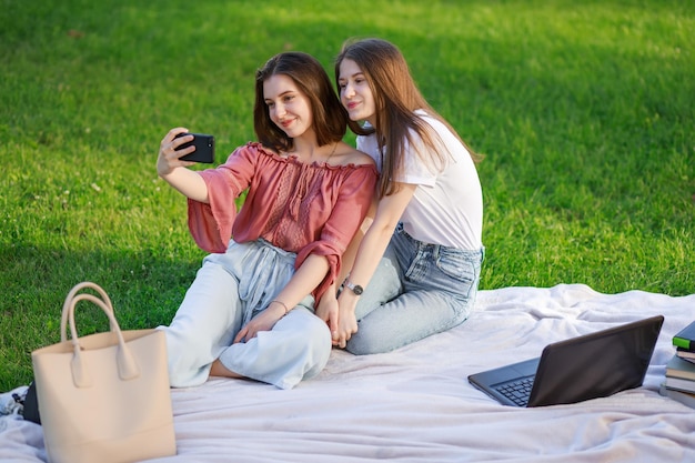 Mädchen mit Laptop machen Selfie beim Lernen im grünen Park