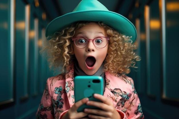 Mädchen mit lustigem Hut macht ein Gesicht auf einem Smartphone im Stil von Teal und Pink