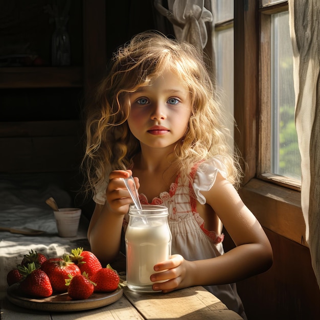 Mädchen mit Milch und Erdbeeren