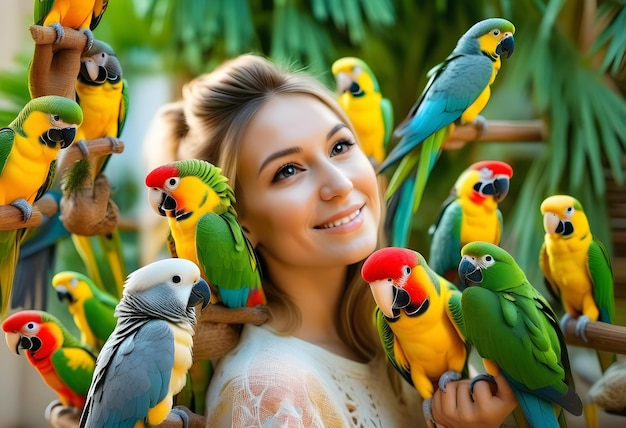 Foto mädchen mit papageienfrau mit vögeln haustiere cockatiel papageien reproduktion von papageien porträt