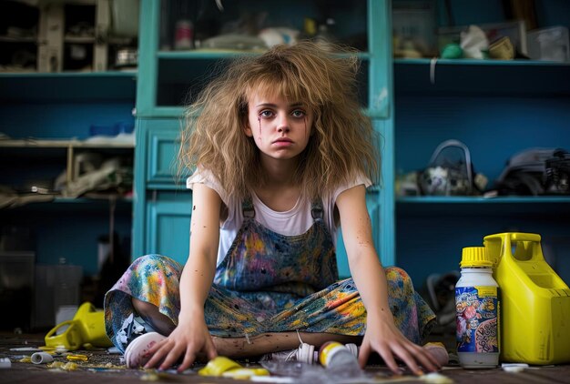 Foto mädchen mit reinigungsmitteln sitzt auf dem boden ihrer küche im stil farbenfroher melancholie