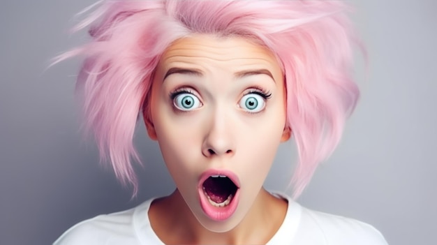 Mädchen mit rosa Haaren mit einer Emotion der Überraschung auf ihrem Gesicht neuronales Netzwerk AI generiert
