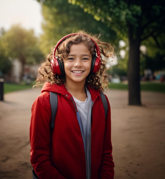 Mädchen mit rotem Hoodie hört Musik in Kopfhörern