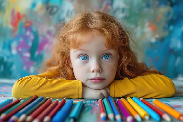 Mädchen mit roten Haaren und blauen Augen sitzt zwischen bunten Bleistiften und zeichnet Kinder Hobbys und Studien