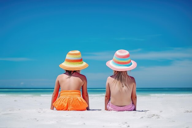 Mädchen mit Sommerhut stehen im Sommer am Sandstrand