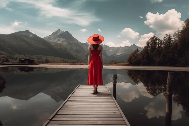 Mädchen mit Stielhut und rotem Kleid blickt auf die Spiegelung der Berge am See im Hochgebirge