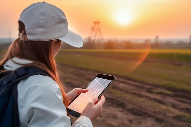 Mädchen mit Tablet bei Sonnenuntergang Generative KI