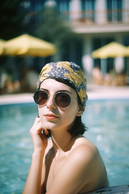 Foto mädchen mit turban und sonnenbrille im pool