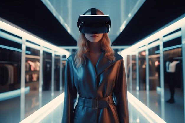 Mädchen mit VR-Headset geht mit generativer Virtual-Reality-KI in den Ladenkunden