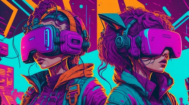 Mädchen mit VR-Headset-Illustrationen in einer 4K-Cyberpunk-Welt voller lebendiger Farben und Retro-Vibes