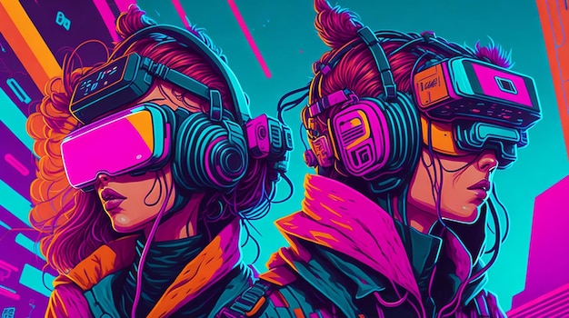 Mädchen mit VR-Headset-Illustrationen in einer 4K-Cyberpunk-Welt voller lebendiger Farben und Retro-Vibes