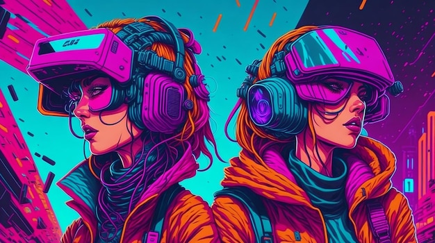 Mädchen mit VR-Headset-Illustrationen in einer 4K-Cyberpunk-Welt voller lebendiger Farben und Retro-Vibes