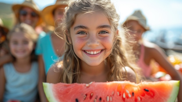 Mädchen mit Wassermelone an einem sonnigen Tag