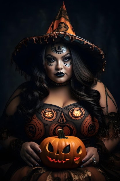 Mädchen mit Zuckerkopf-Make-up in Hexen-Halloween-Kostüm Hexenhut mit Kürbis Jack O Lanterns