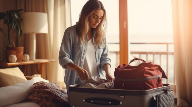 Mädchen packt Koffer zu Hause Reisekonzept