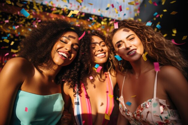 Mädchen posieren auf einer Party mit Konfetti und Sommerstimmung vor der Kamera