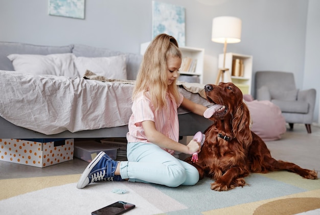 Mädchen putzt Hund zu Hause